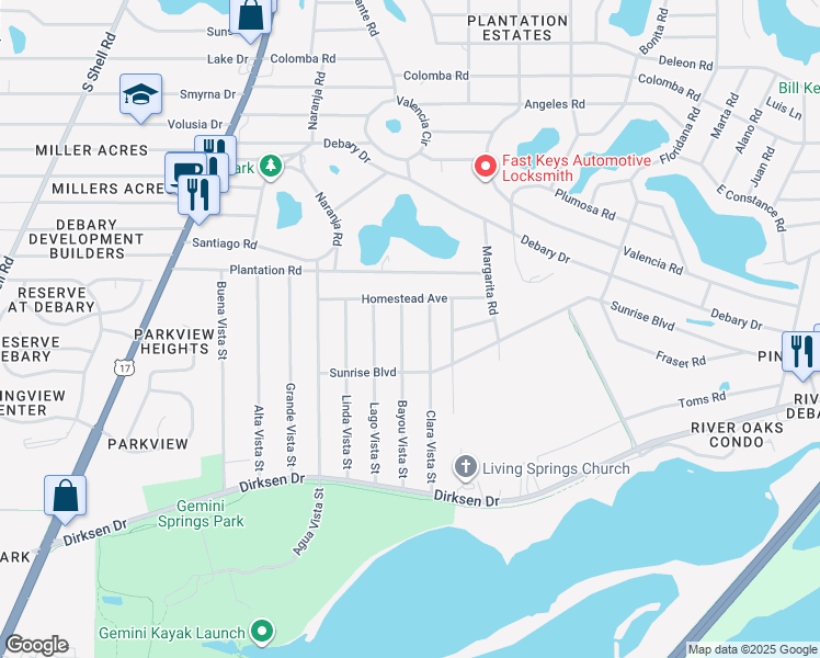 map of restaurants, bars, coffee shops, grocery stores, and more near 217 Bayou Vista Street in DeBary