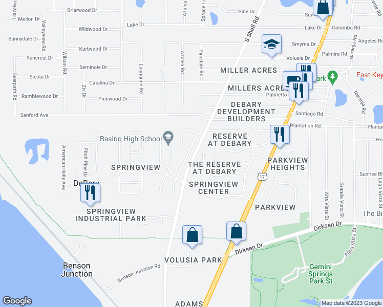 map of restaurants, bars, coffee shops, grocery stores, and more near 329 Oak Springs Drive in DeBary