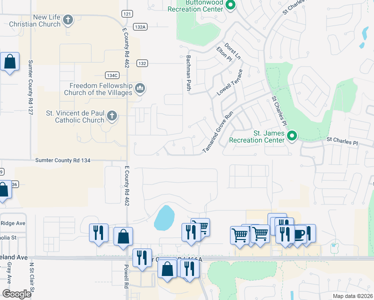 map of restaurants, bars, coffee shops, grocery stores, and more near 2469 Morning Dove Lane in The Villages
