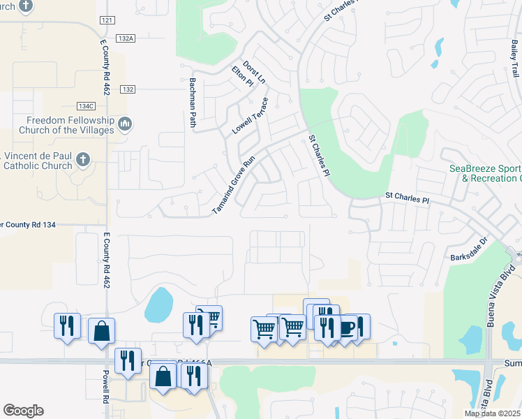 map of restaurants, bars, coffee shops, grocery stores, and more near 2306 Nackman Place in The Villages