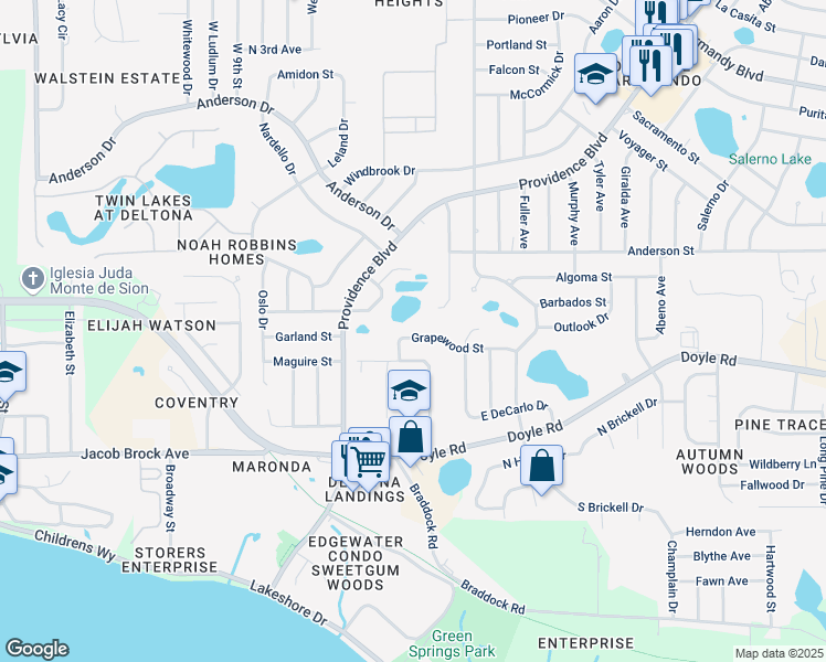 map of restaurants, bars, coffee shops, grocery stores, and more near 950 Grapewood Street in Deltona