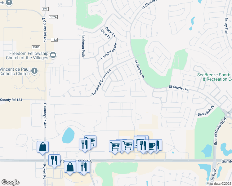 map of restaurants, bars, coffee shops, grocery stores, and more near 2306 Nackman Place in The Villages