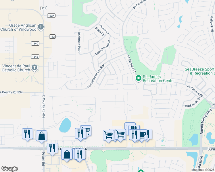 map of restaurants, bars, coffee shops, grocery stores, and more near 2306 Nackman Place in The Villages