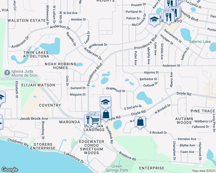 map of restaurants, bars, coffee shops, grocery stores, and more near 950 Grapewood Street in Deltona