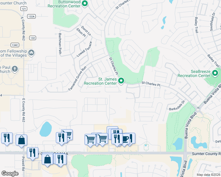 map of restaurants, bars, coffee shops, grocery stores, and more near 2192 Quinn Lane in The Villages