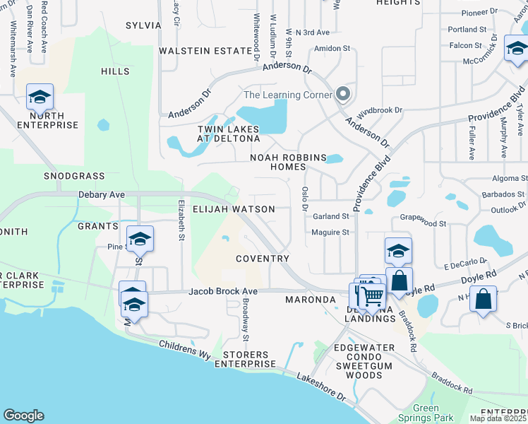 map of restaurants, bars, coffee shops, grocery stores, and more near 705 Paddington Place in Deltona