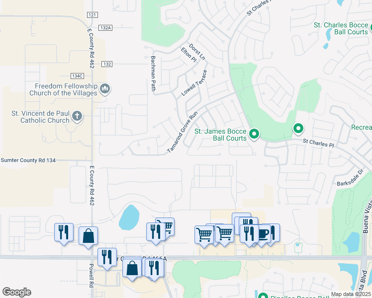 map of restaurants, bars, coffee shops, grocery stores, and more near 2385 Montbrook Place in The Villages