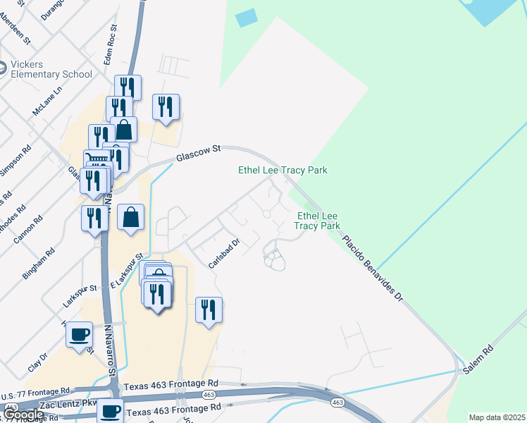 map of restaurants, bars, coffee shops, grocery stores, and more near 501 East Larkspur Street in Victoria