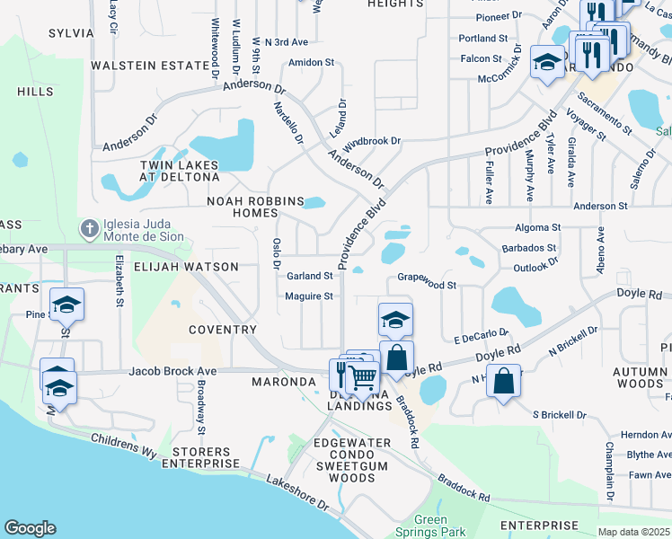 map of restaurants, bars, coffee shops, grocery stores, and more near 432 Providence Boulevard in Deltona