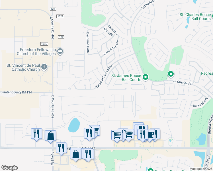 map of restaurants, bars, coffee shops, grocery stores, and more near 2385 Montbrook Place in The Villages
