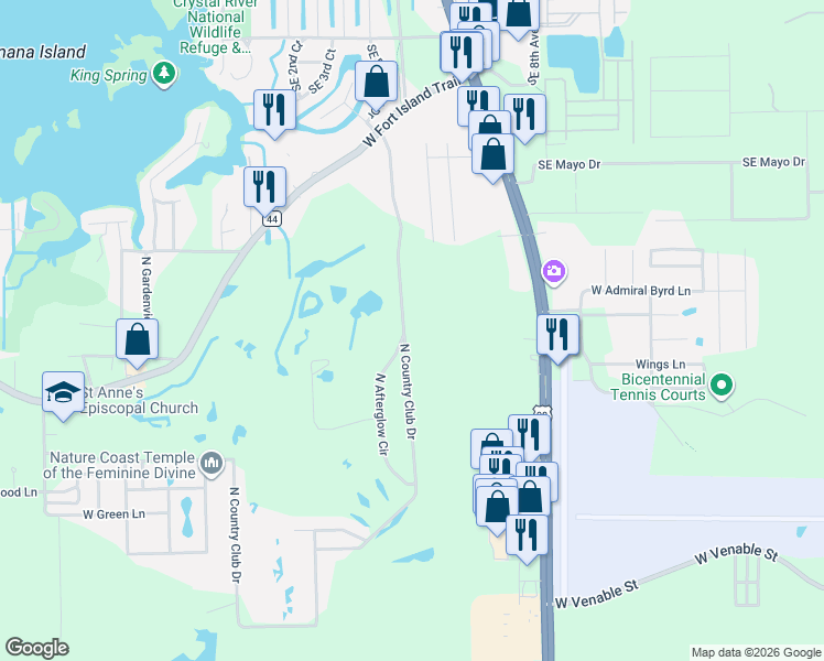 map of restaurants, bars, coffee shops, grocery stores, and more near 800 North Country Club Drive in Crystal River