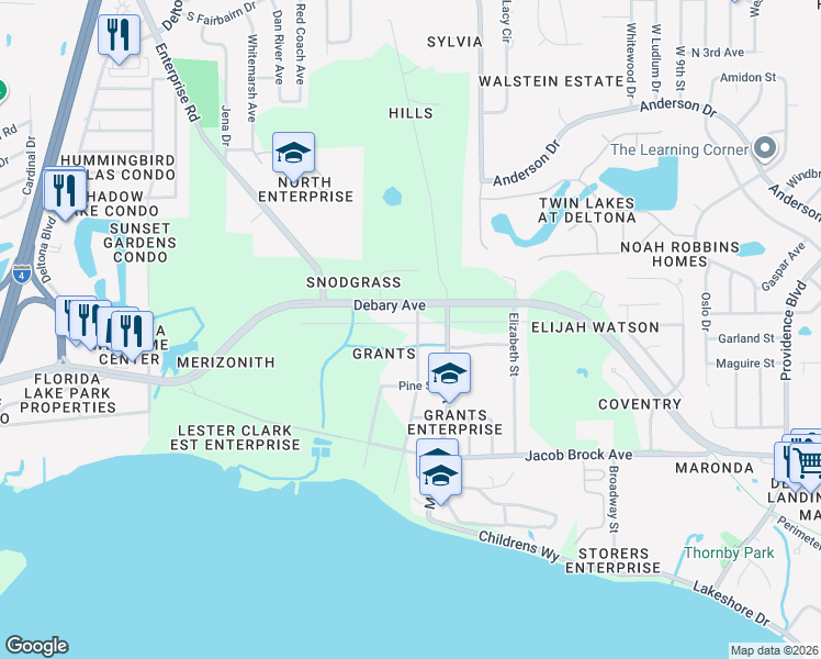 map of restaurants, bars, coffee shops, grocery stores, and more near 381 Clark Street in Deltona