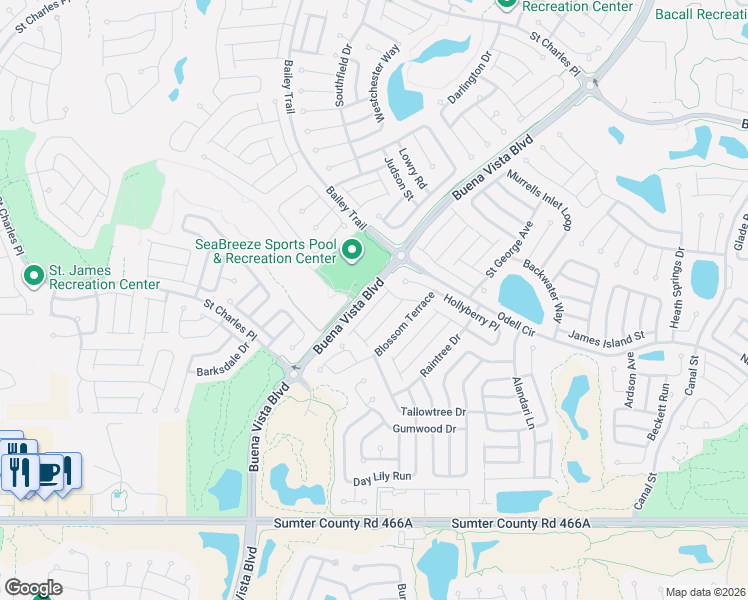 map of restaurants, bars, coffee shops, grocery stores, and more near 2371 Chestnut Terrace in The Villages