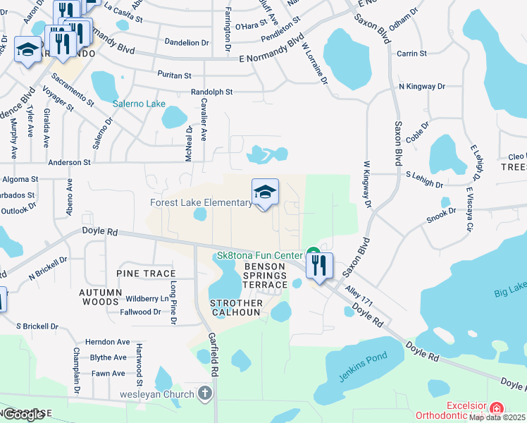 map of restaurants, bars, coffee shops, grocery stores, and more near 1600 Doyle Road in Deltona
