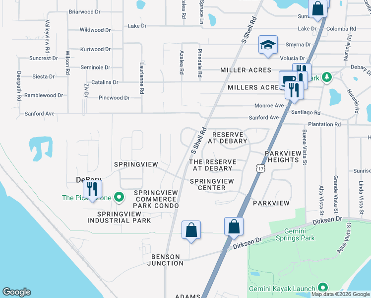 map of restaurants, bars, coffee shops, grocery stores, and more near 162 Cedar Springs Circle in DeBary