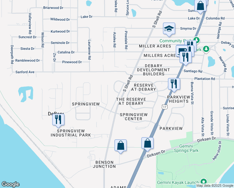 map of restaurants, bars, coffee shops, grocery stores, and more near 170 Cedar Springs Circle in DeBary