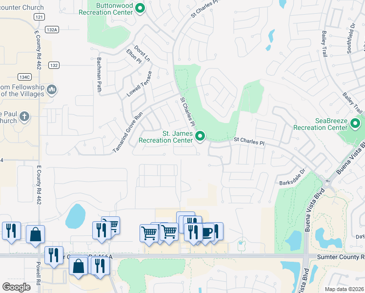 map of restaurants, bars, coffee shops, grocery stores, and more near 2192 Quinn Lane in The Villages