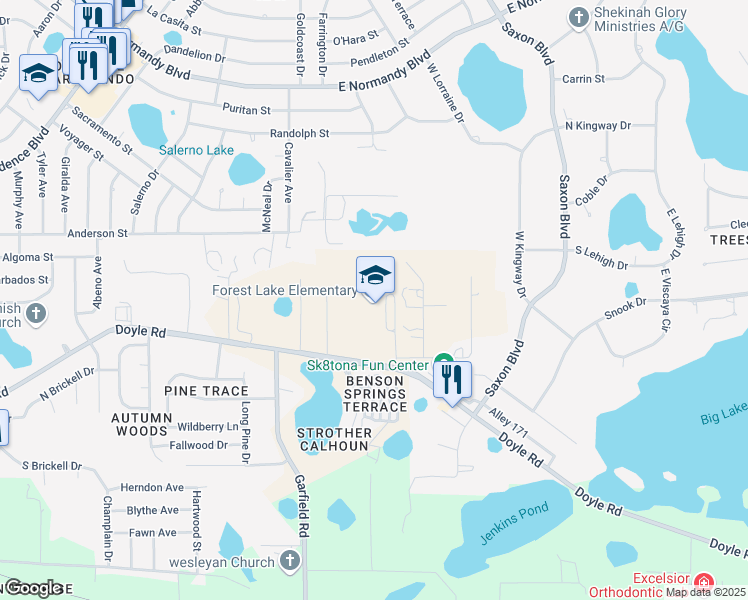 map of restaurants, bars, coffee shops, grocery stores, and more near 1600 Doyle Road in Deltona