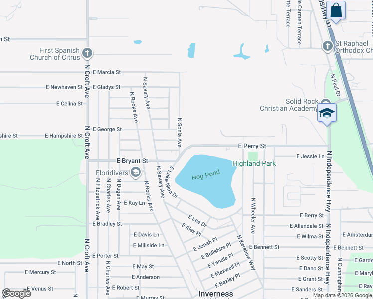 map of restaurants, bars, coffee shops, grocery stores, and more near 3426 East Perry Street in Inverness