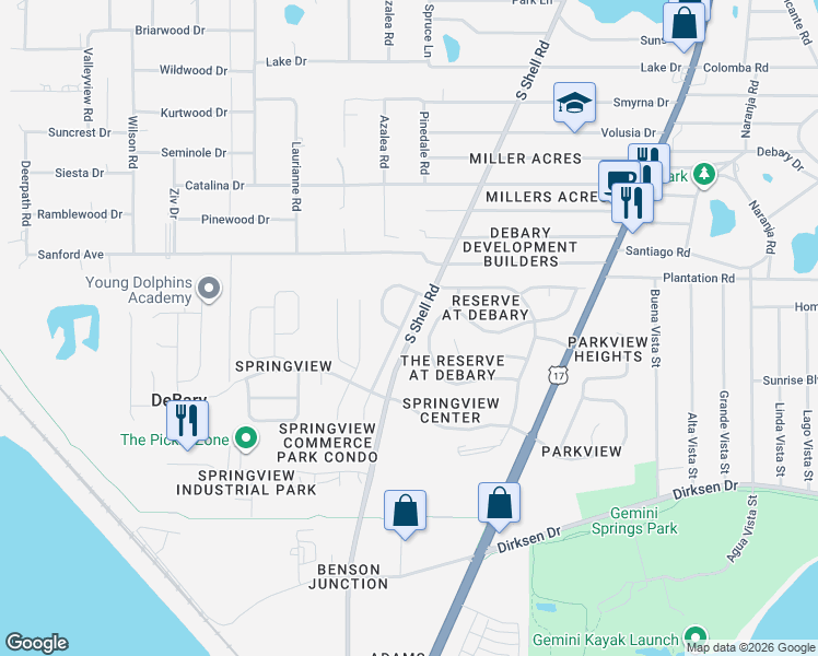 map of restaurants, bars, coffee shops, grocery stores, and more near 87 Wentwood Drive in DeBary