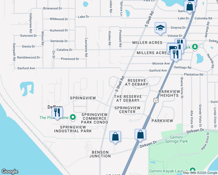 map of restaurants, bars, coffee shops, grocery stores, and more near 162 Cedar Springs Circle in DeBary