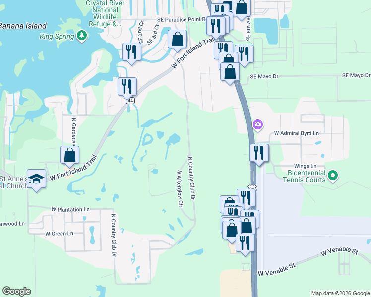 map of restaurants, bars, coffee shops, grocery stores, and more near 800 North Country Club Drive in Crystal River