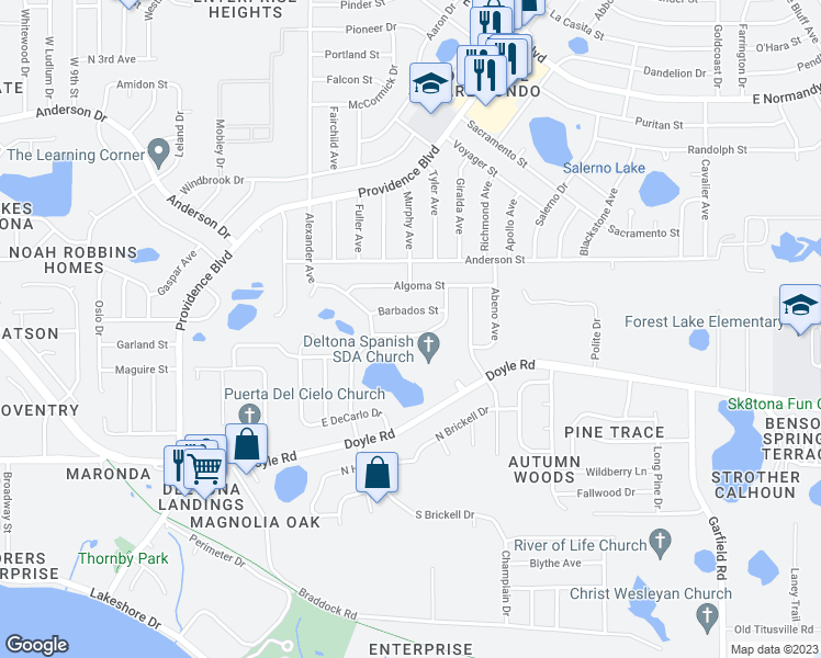 map of restaurants, bars, coffee shops, grocery stores, and more near 1134 Outlook Drive in Deltona