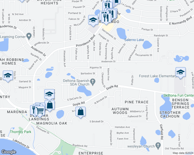 map of restaurants, bars, coffee shops, grocery stores, and more near 1163 Outlook Drive in Deltona
