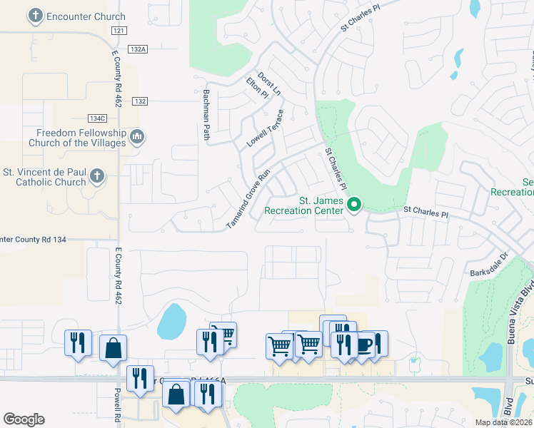 map of restaurants, bars, coffee shops, grocery stores, and more near 2306 Nackman Place in The Villages