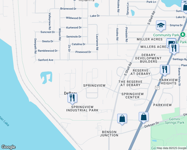 map of restaurants, bars, coffee shops, grocery stores, and more near 281 Palmetto Springs Street in DeBary