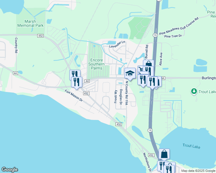 map of restaurants, bars, coffee shops, grocery stores, and more near 834 Edgewater Circle in Eustis