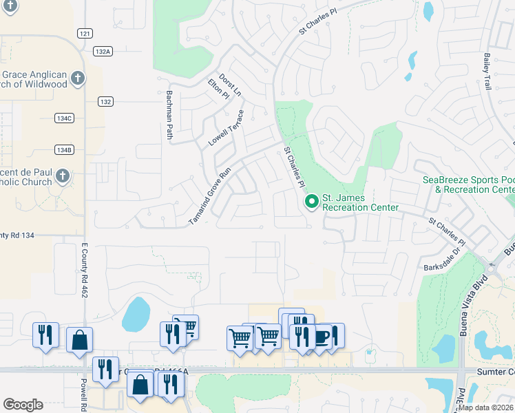 map of restaurants, bars, coffee shops, grocery stores, and more near 2411 Littlestone Terrace in The Villages