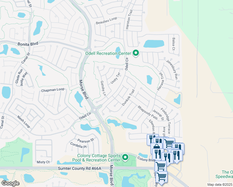 map of restaurants, bars, coffee shops, grocery stores, and more near 2444 Saffron Lane in The Villages