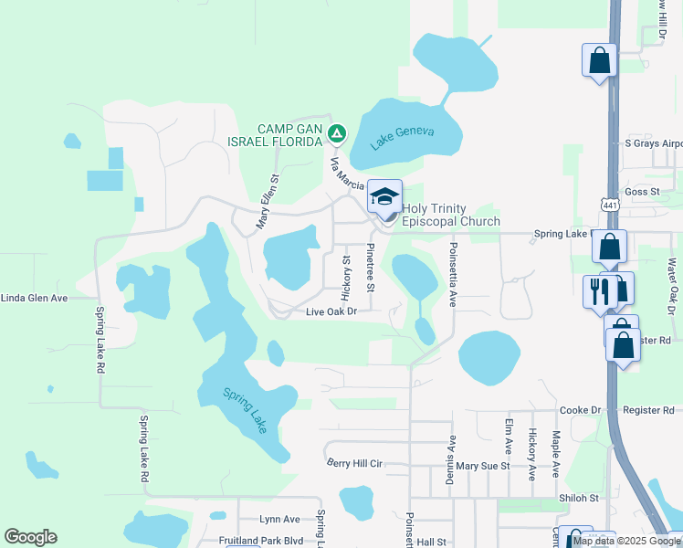map of restaurants, bars, coffee shops, grocery stores, and more near 36119 Hickory Street in Fruitland Park