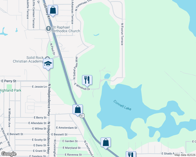 map of restaurants, bars, coffee shops, grocery stores, and more near 4631 East Windmill Drive in Inverness