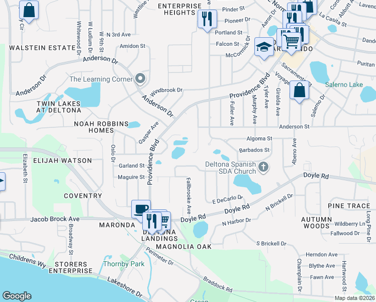 map of restaurants, bars, coffee shops, grocery stores, and more near 399 Fisher Drive in Deltona
