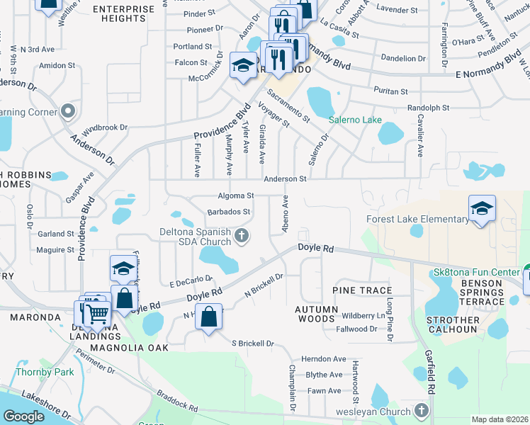 map of restaurants, bars, coffee shops, grocery stores, and more near 466 Champlain Drive in Deltona