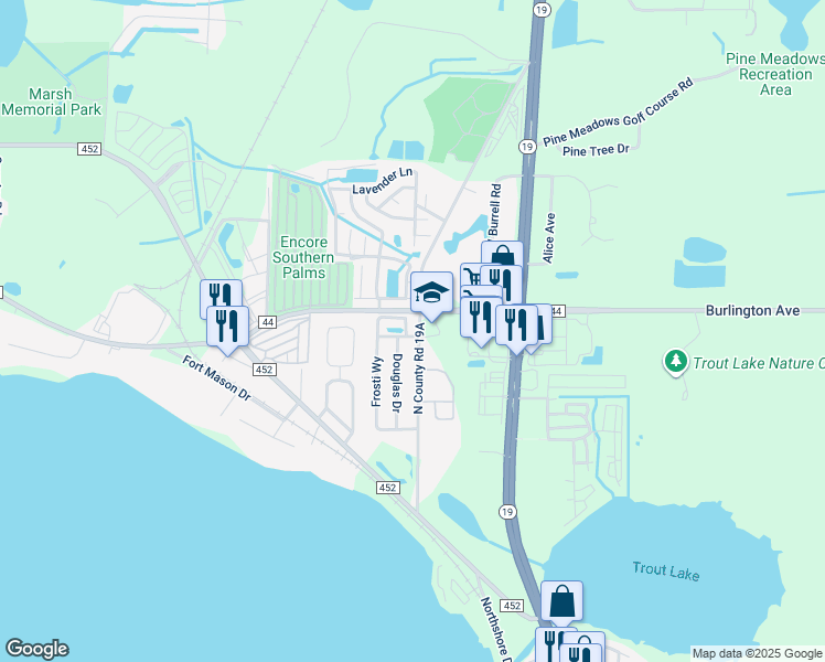 map of restaurants, bars, coffee shops, grocery stores, and more near 1550 Florida 19 in Eustis