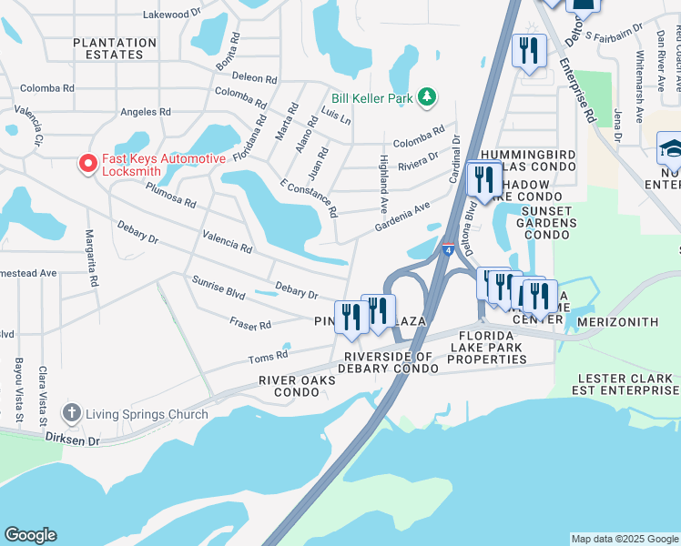 map of restaurants, bars, coffee shops, grocery stores, and more near 290 Valencia Road in DeBary