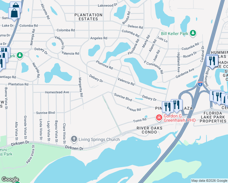 map of restaurants, bars, coffee shops, grocery stores, and more near 5 Sunrise Boulevard in DeBary