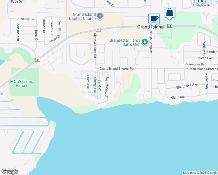 map of restaurants, bars, coffee shops, grocery stores, and more near 13340 Grand Island Shores Road in Grand Island