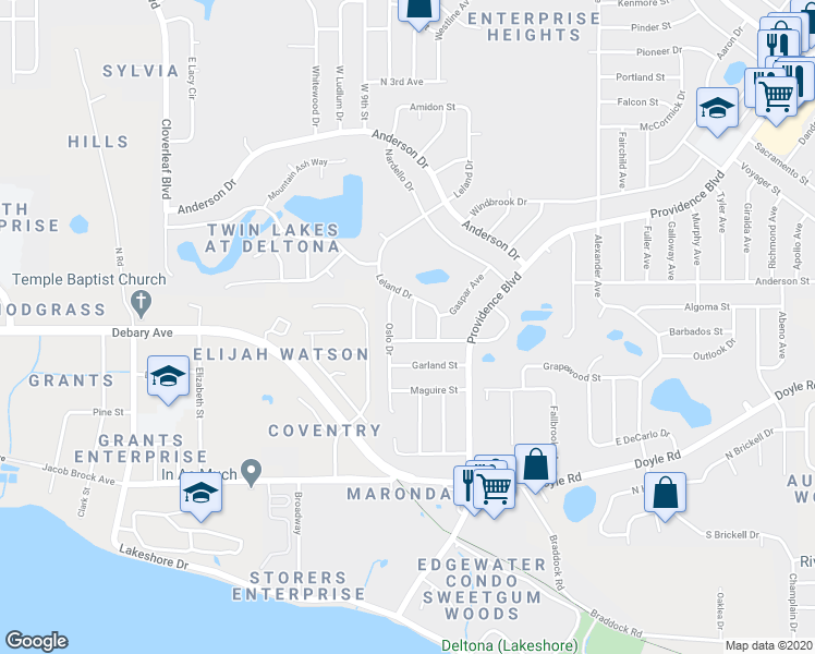 map of restaurants, bars, coffee shops, grocery stores, and more near 464 Priscilla Avenue in Deltona