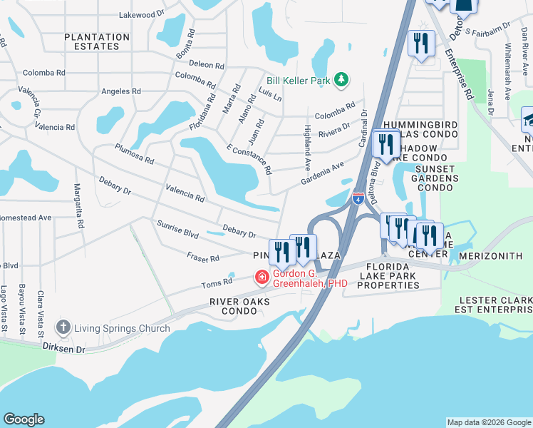 map of restaurants, bars, coffee shops, grocery stores, and more near 290 Valencia Road in DeBary
