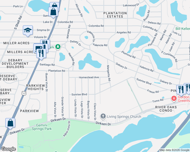 map of restaurants, bars, coffee shops, grocery stores, and more near 145 Plantation Road in DeBary
