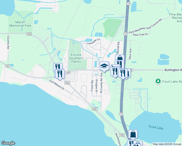 map of restaurants, bars, coffee shops, grocery stores, and more near 425 Jennifer Lane in Eustis