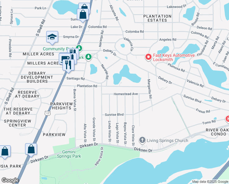 map of restaurants, bars, coffee shops, grocery stores, and more near 116 Homestead Avenue in DeBary