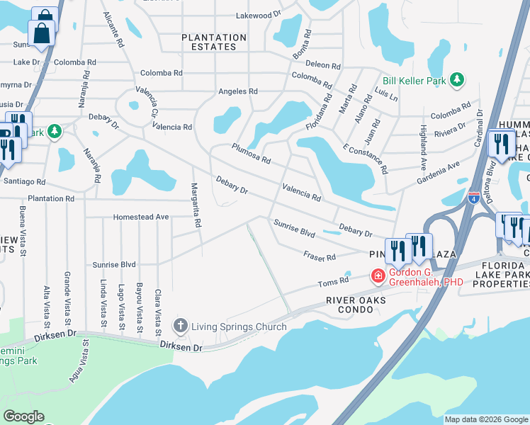 map of restaurants, bars, coffee shops, grocery stores, and more near 5 Sunrise Boulevard in DeBary