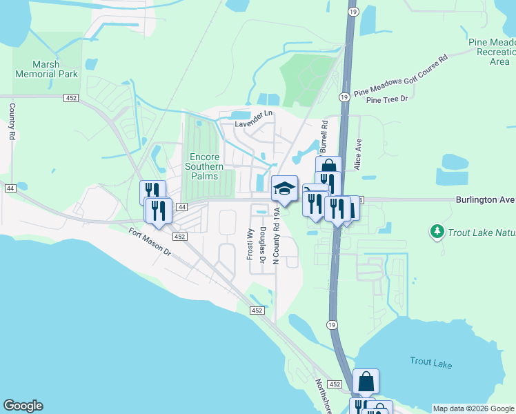 map of restaurants, bars, coffee shops, grocery stores, and more near 425 Jennifer Lane in Eustis