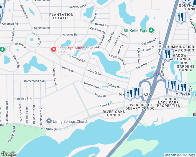 map of restaurants, bars, coffee shops, grocery stores, and more near 246 Debary Drive in DeBary