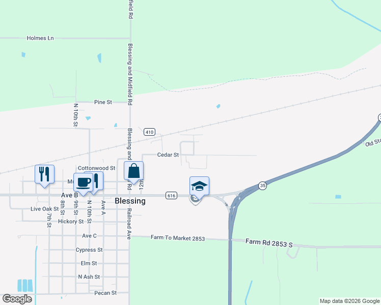 map of restaurants, bars, coffee shops, grocery stores, and more near 243 Cedar Street in Blessing